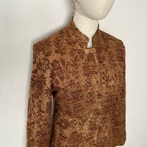 Vintage Festive 100% Silk Lined Gold & Brown Long Blazer Jacket - Picture 7 of 7